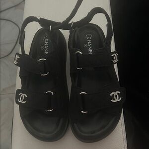 CHANEL Black Sandals with Silver Details